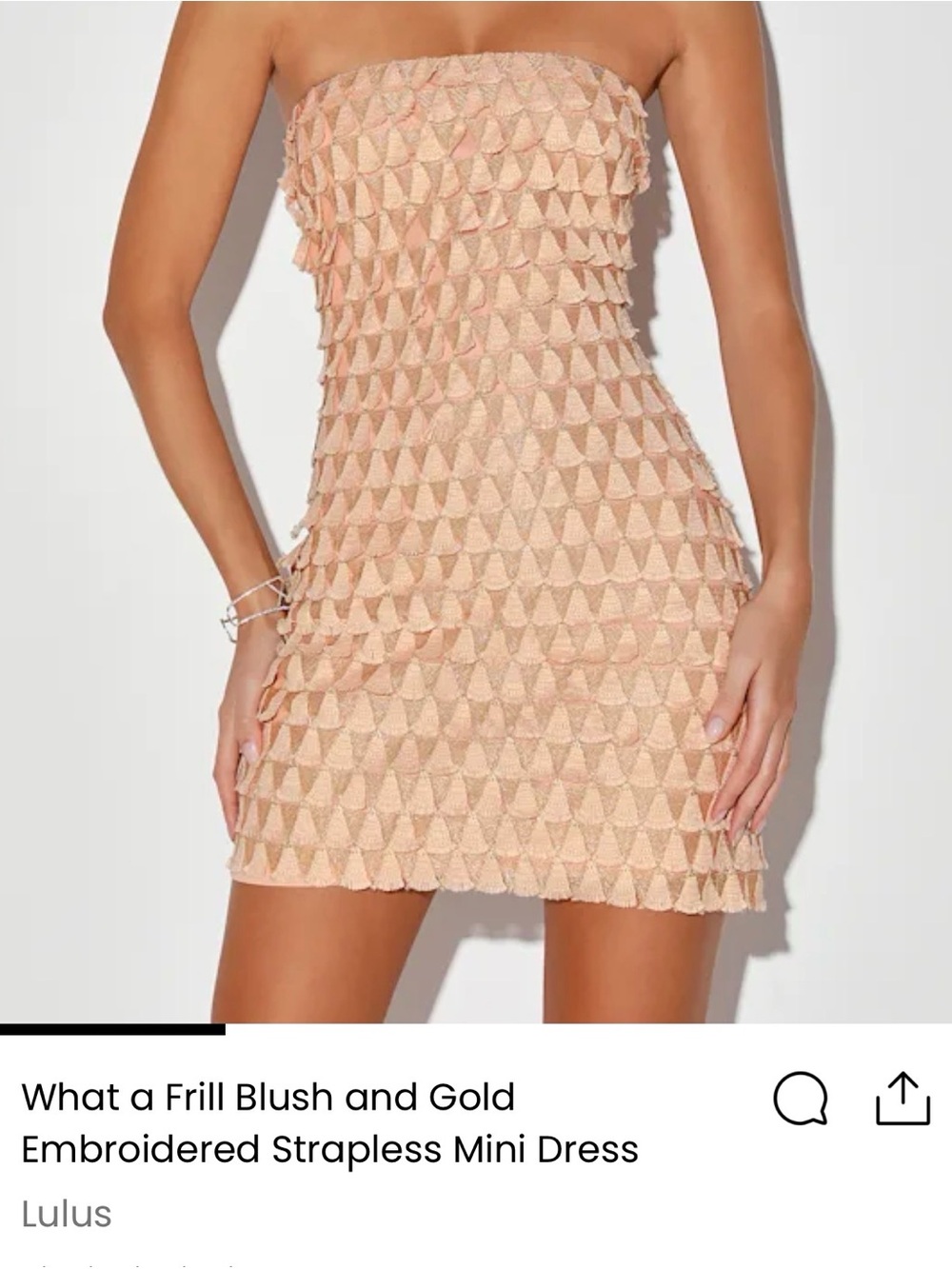 Lulus What a Frill Blush and Gold embroidered strapless mini dress